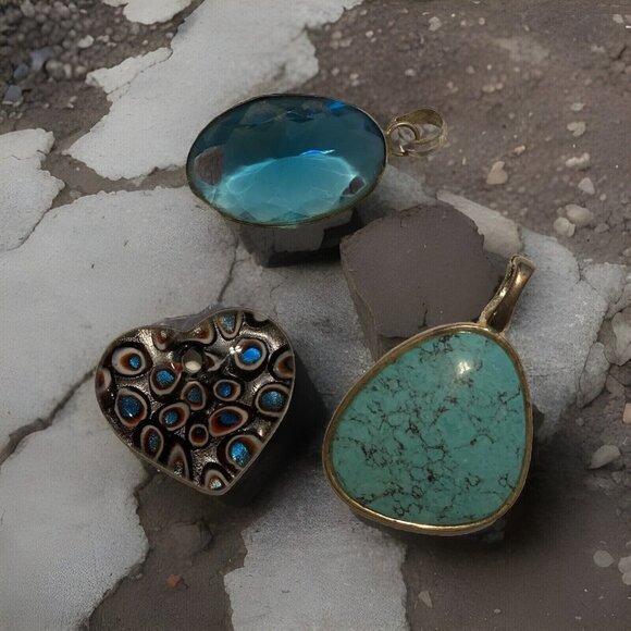 LOT of 3 turquoise blue 2” PENDANTS Bohemian Fashion Gemstone Glass preowned PIC - Picture 1 of 5